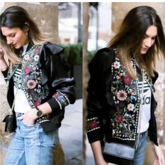 πHPπ Zara Embroidered & Beaded Flowers with Ruffle Sleeve Zip Up Bomber Jacket - Picture 10 of 12